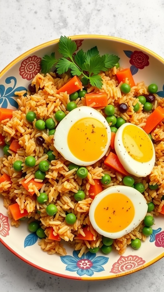 A colorful bowl of vegetable fried rice with peas, carrots, and eggs on top.
