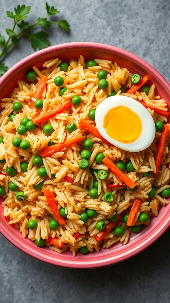 A colorful bowl of vegetable fried rice topped with a sliced boiled egg.