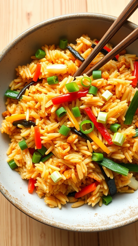A bowl of colorful vegetable fried rice with green onions and peppers.
