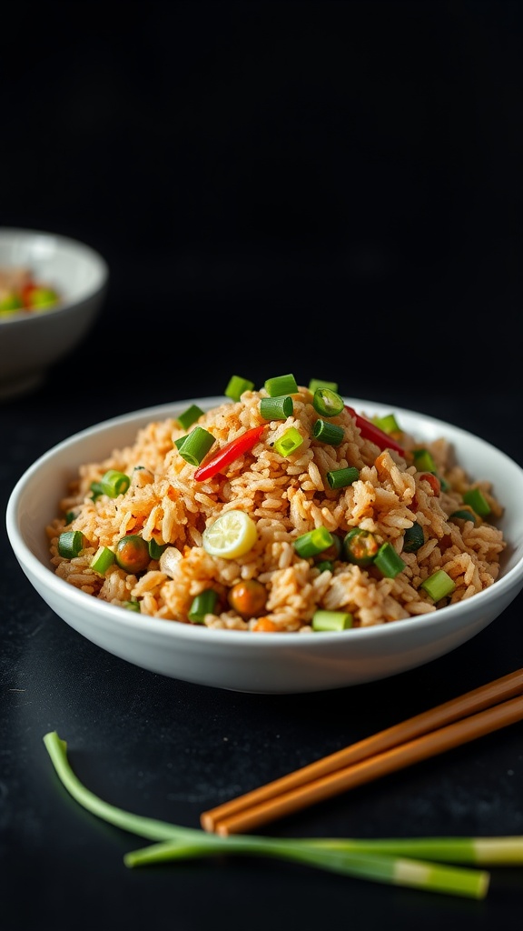 A bowl of vegetable fried rice topped with green onions.