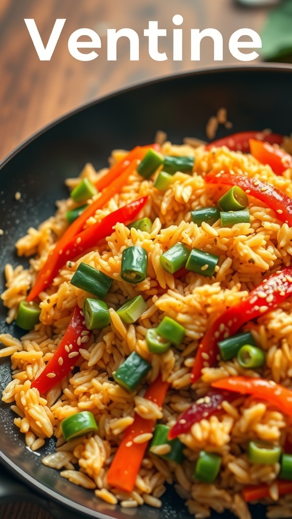 A vibrant plate of vegetable fried rice with colorful bell peppers and green onions.