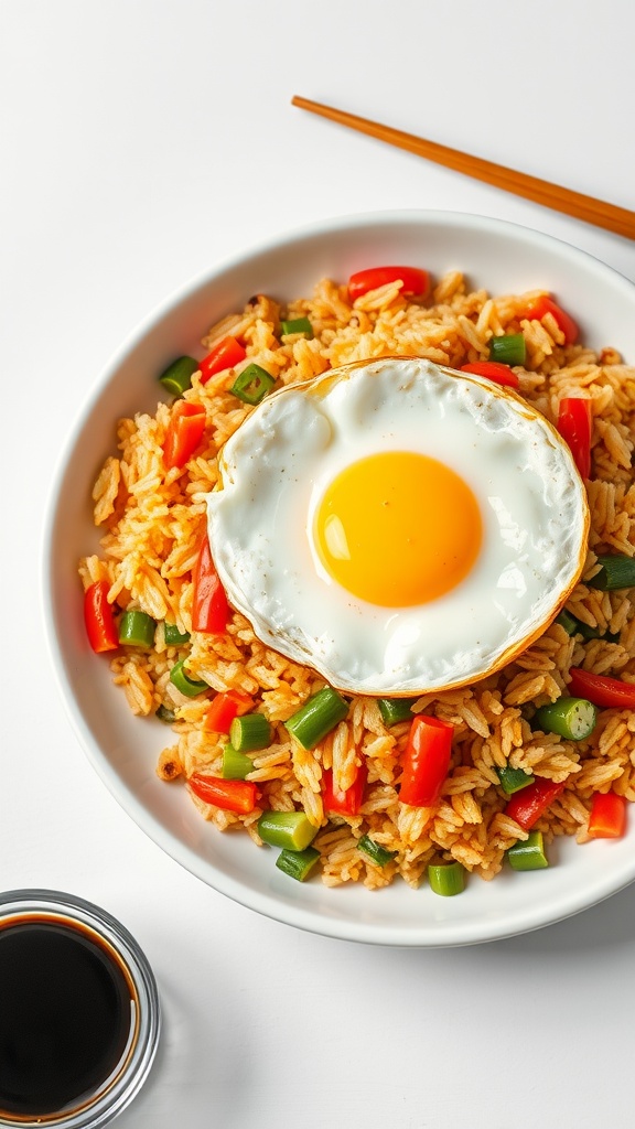 A vibrant bowl of vegetable fried rice topped with a fried egg.