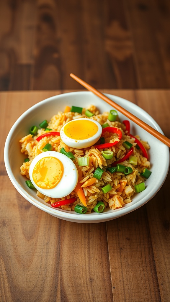 A bowl of vegetable fried rice topped with a boiled egg and garnished with green onions.