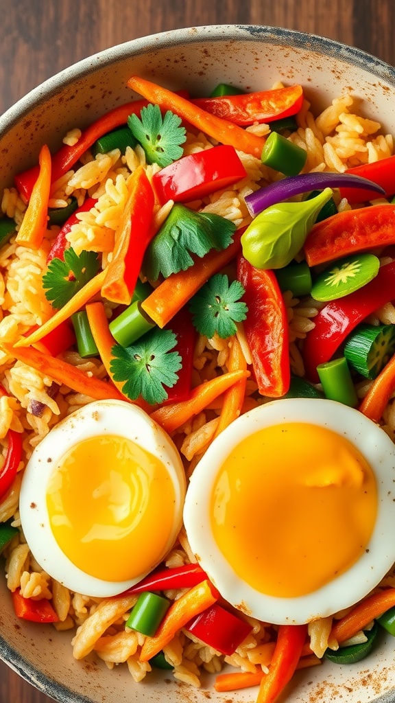 A bowl of vibrant vegetable fried rice topped with scrambled eggs.