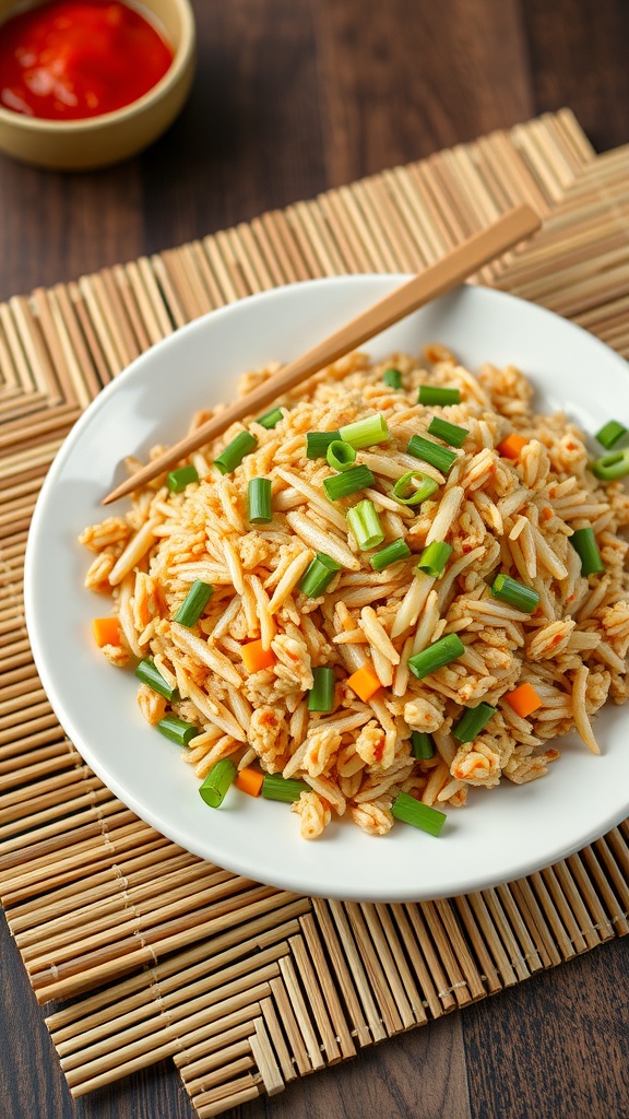 A plate of vegetable fried rice garnished with green onions.