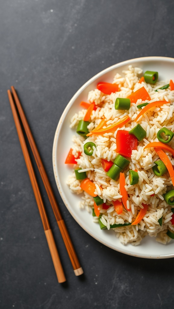 A plate of vegetable fried rice with colorful vegetables and chopsticks
