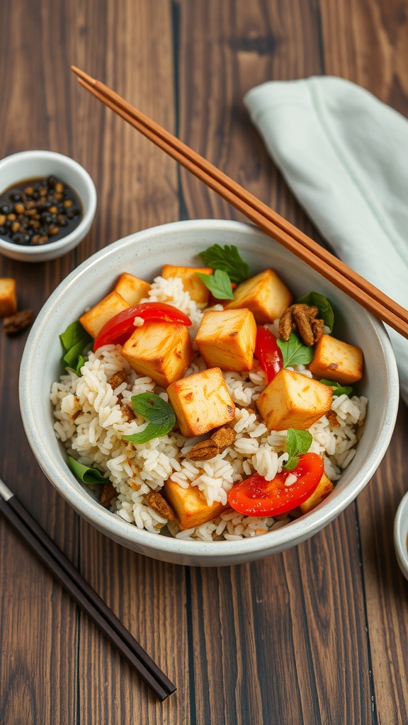 A bowl of vegetable fried rice with tofu, garnished with fresh herbs and served with chopsticks.