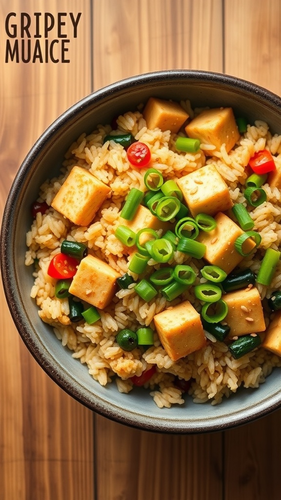 A bowl of vegetable fried rice with tofu, garnished with green onions.