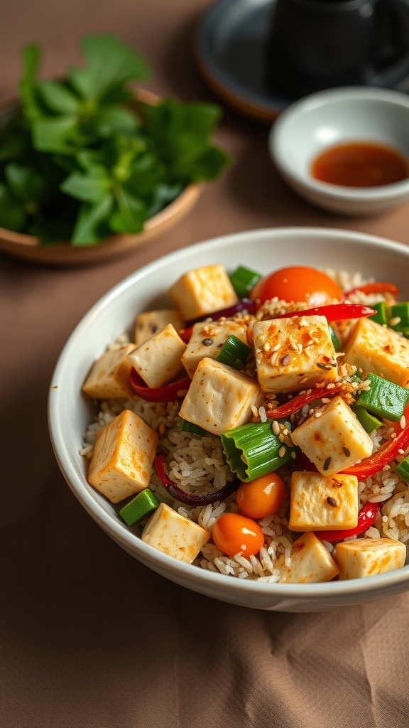 A bowl of vegetable fried rice with tofu, featuring colorful vegetables and garnished with green onions.