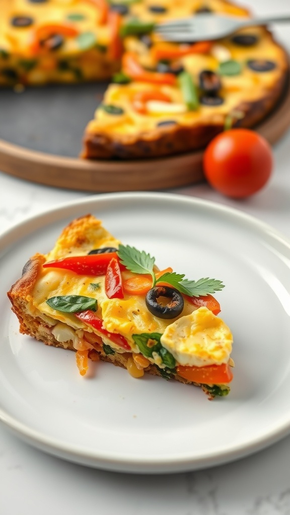 A slice of vegetable frittata on a plate, showcasing colorful vegetables and herbs.