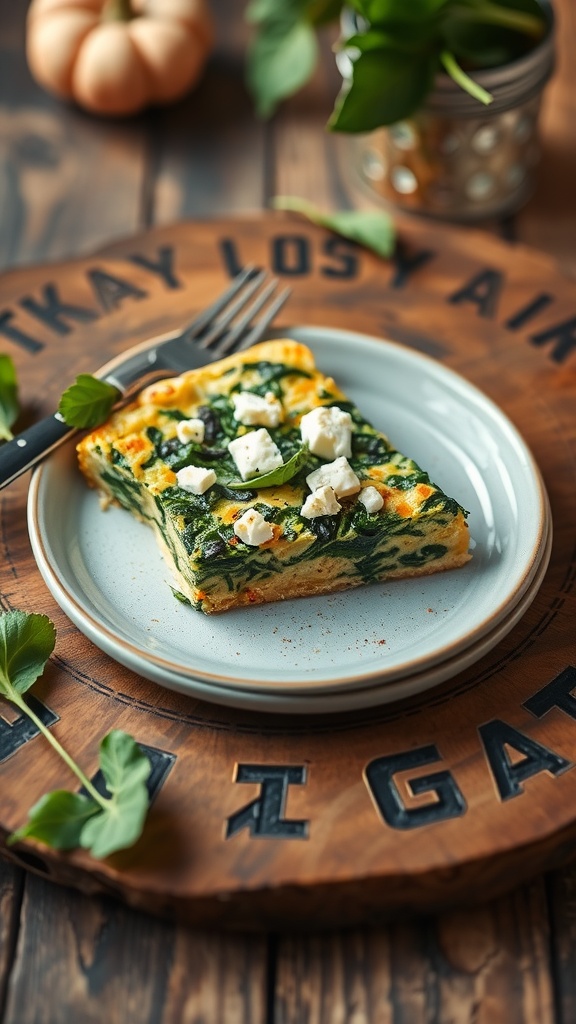 A slice of vegetable frittata with spinach and feta on a plate.