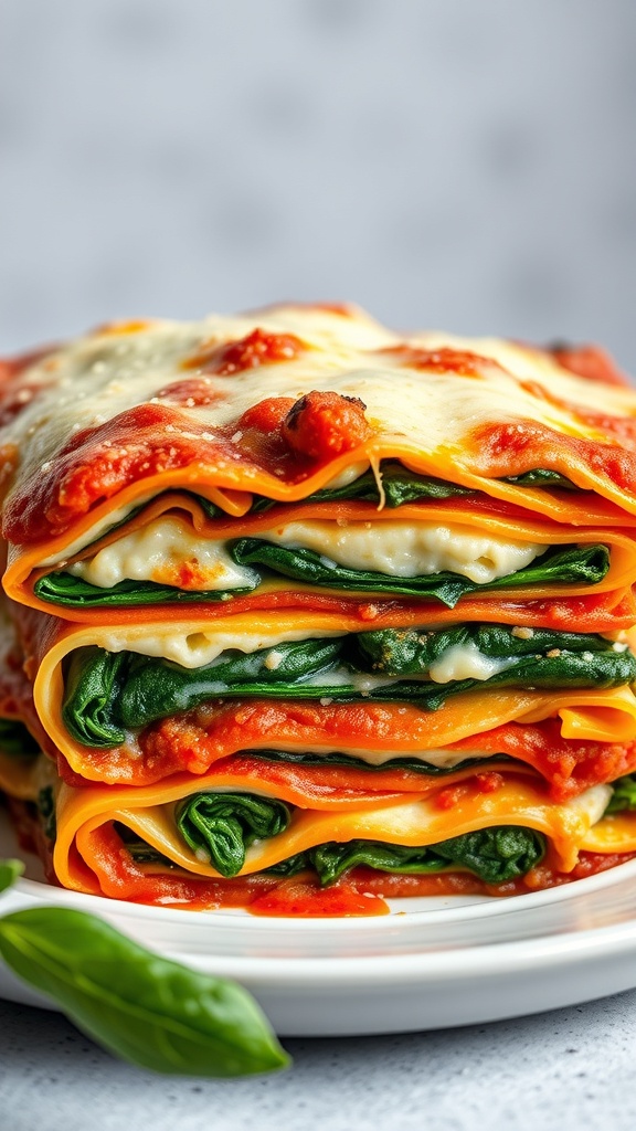 A stack of vegetable lasagna with layers of spinach, ricotta, and marinara sauce.