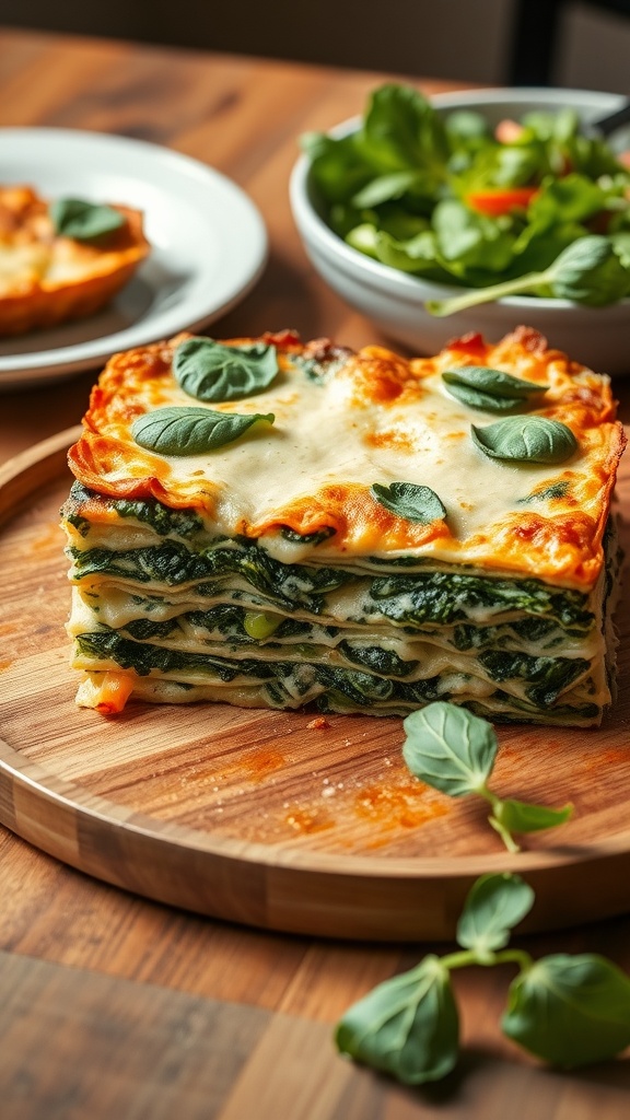 A delicious vegetable lasagna with spinach, served on a wooden plate with fresh basil leaves.