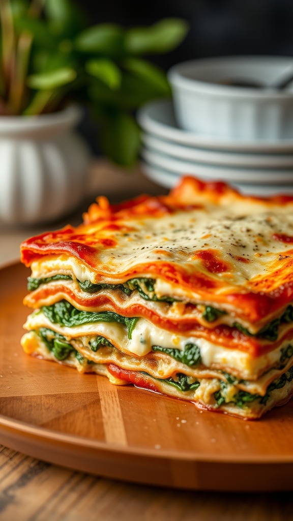 A delicious vegetable lasagna with layers of spinach and ricotta, served on a wooden plate.