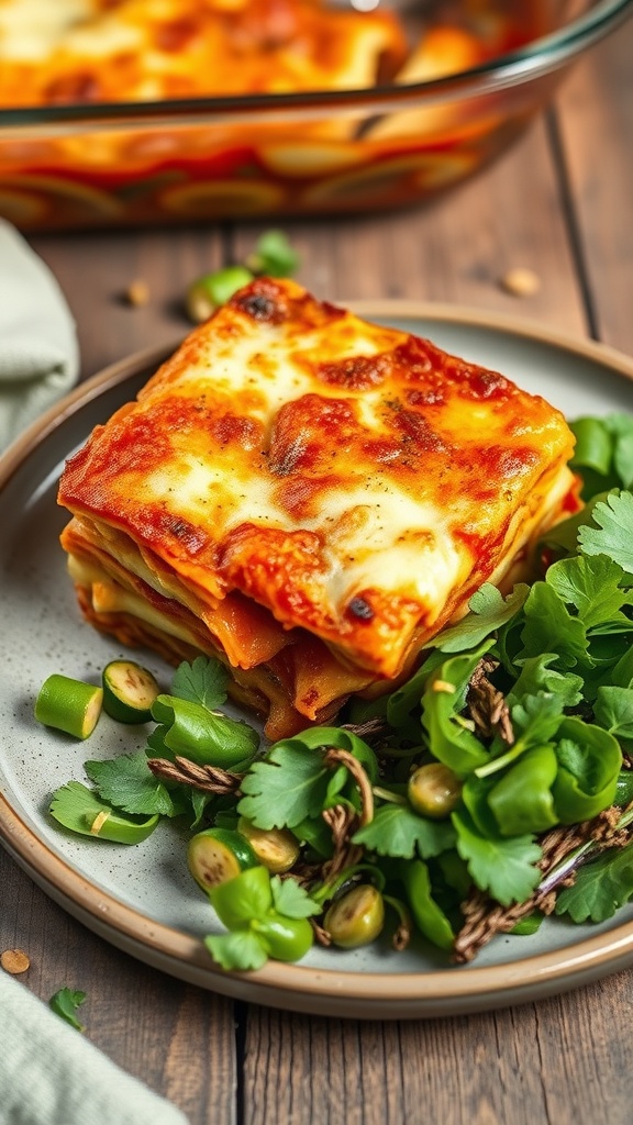 A slice of vegetable lasagna with zucchini noodles served on a plate with a side of fresh greens.