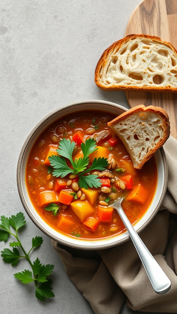 A hearty bowl of vegetable lentil soup with fresh ingredients and a side of bread.