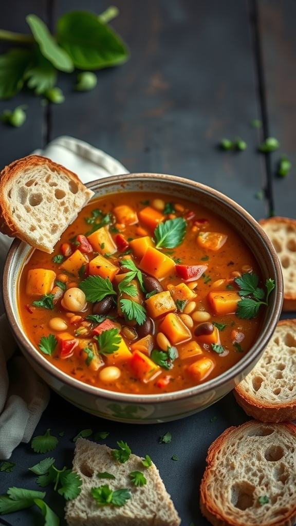 A bowl of vegetable lentil soup garnished with parsley, served with slices of bread.
