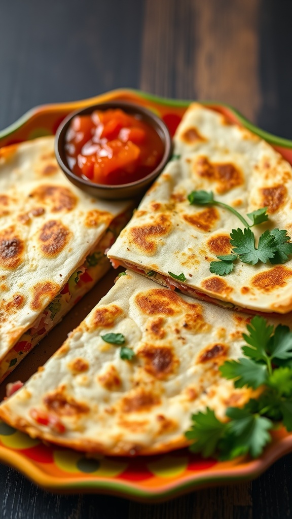 Vegetable quesadilla served with salsa on a colorful plate