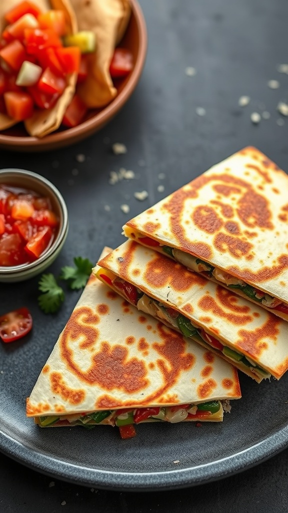 A plate of vegetable quesadillas with fresh salsa and salad.