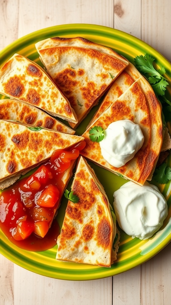 A plate of vegetable quesadillas cut into wedges, served with salsa and sour cream.
