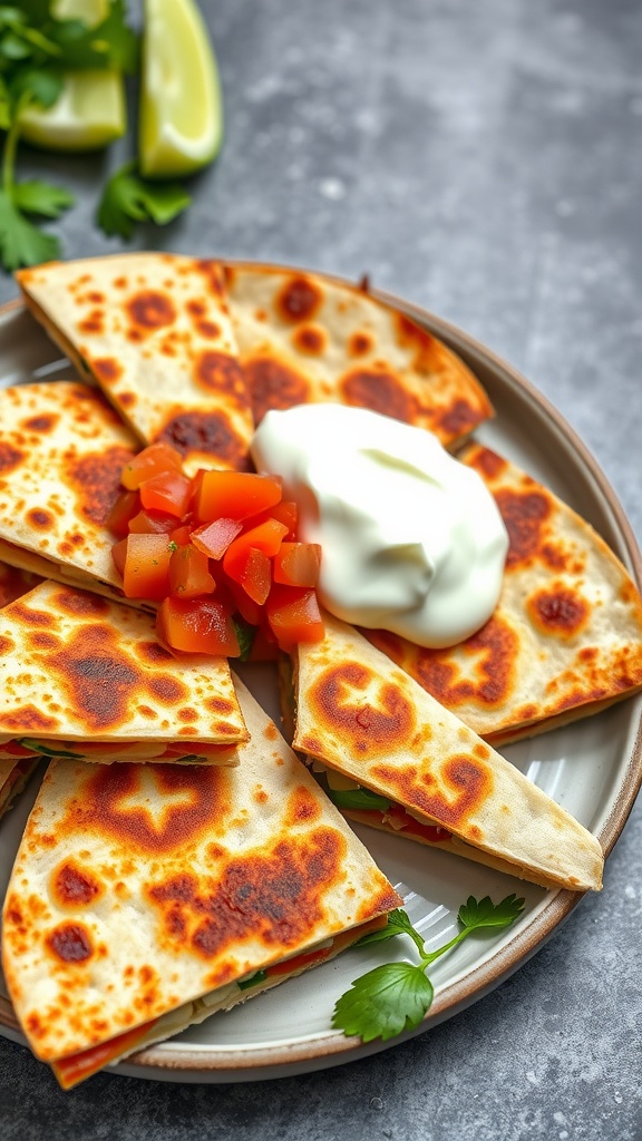 A plate of vegetable quesadillas served with sour cream and diced tomatoes.