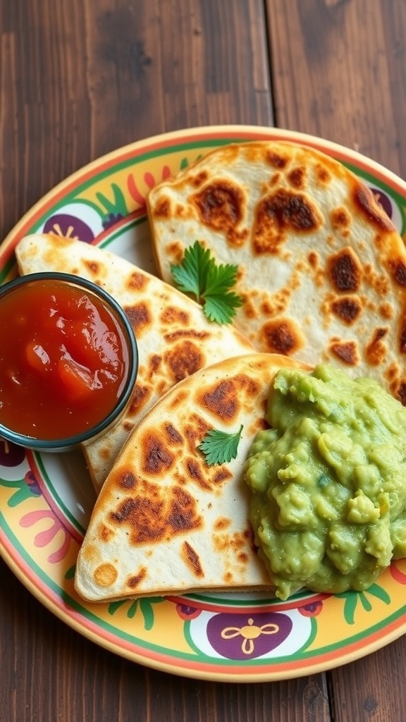 A plate of vegetable quesadillas with guacamole and salsa