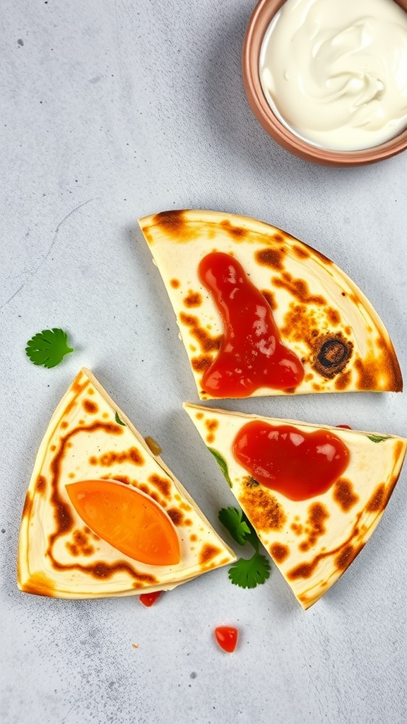 Vegetable quesadillas with colorful toppings and a creamy dip