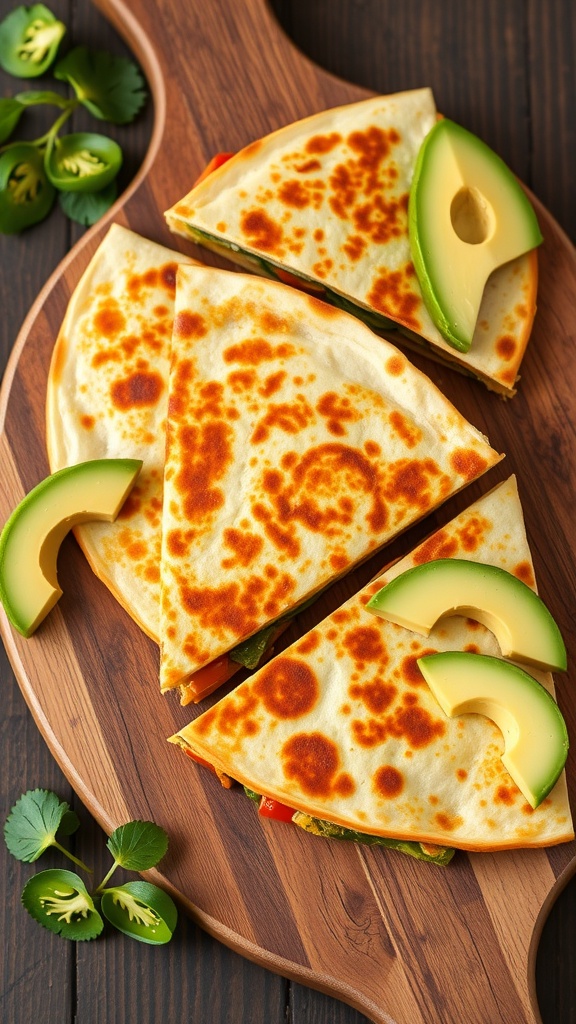 Vegetable quesadillas with avocado slices on a wooden platter
