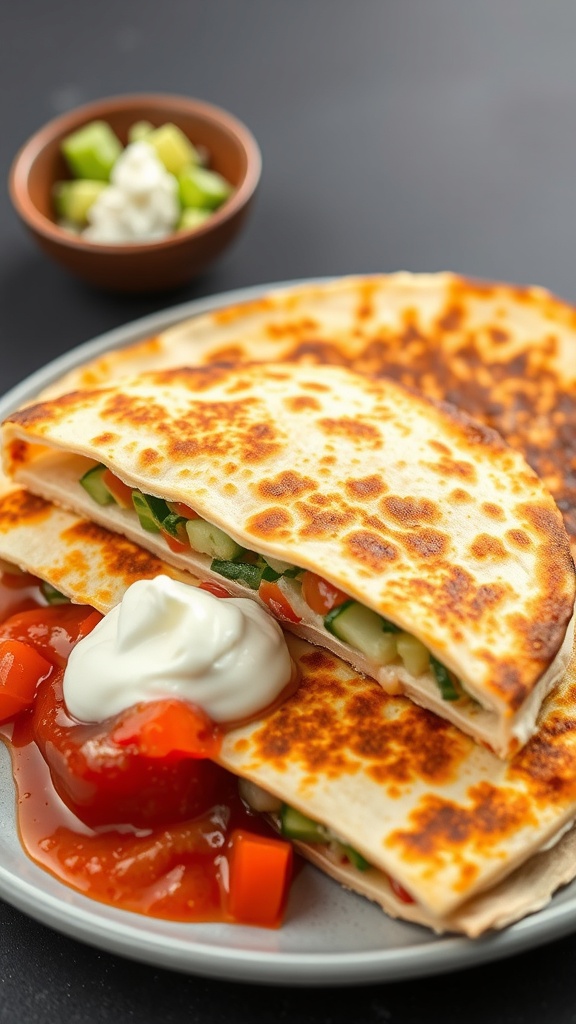 Delicious vegetable quesadillas served with salsa and sour cream