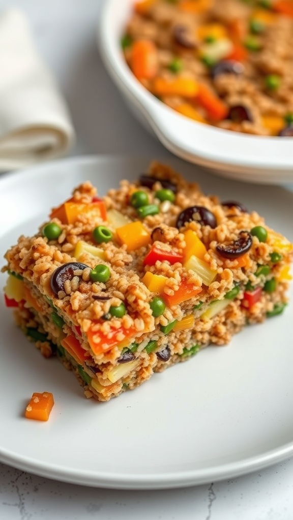 A colorful Vegetable Quinoa Bake with layers of quinoa, peppers, peas, and olives.