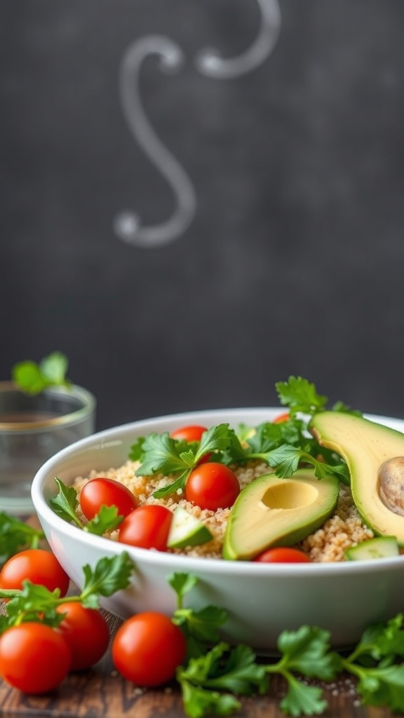 A healthy and colorful vegetable quinoa bowl with fresh ingredients like tomatoes, cucumber, and avocado.