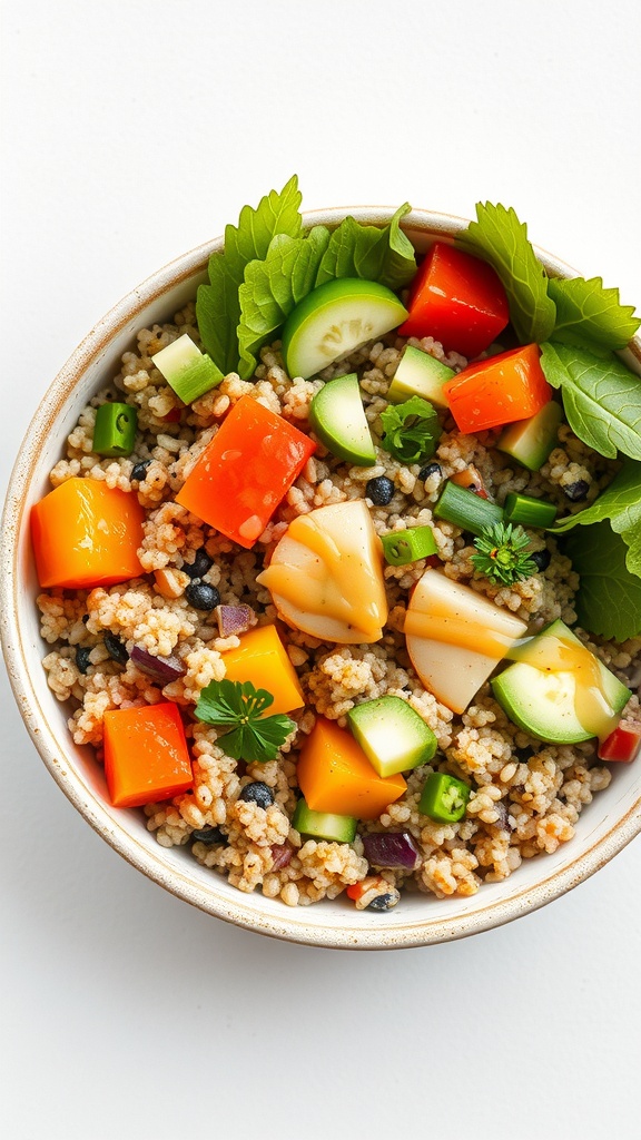 A bowl of vegetable quinoa with colorful diced vegetables and fresh herbs.