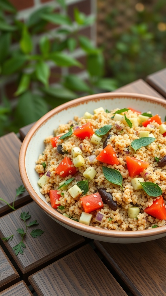 A bowl of colorful vegetable quinoa salad with diced tomatoes, cucumbers, and herbs.