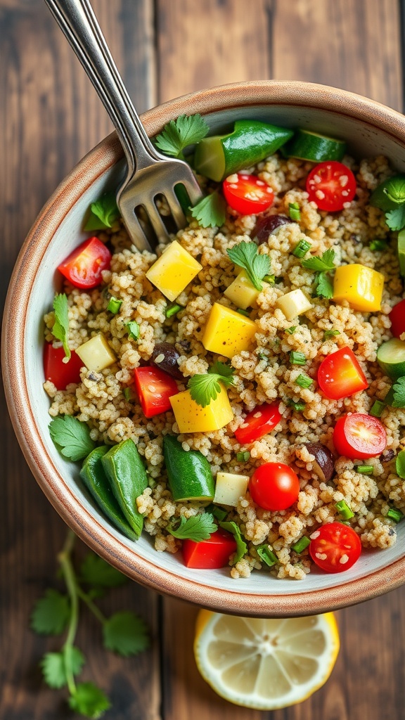 A bowl of vegetable quinoa salad with colorful ingredients and a lemon wedge