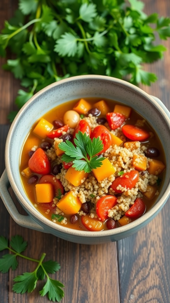 A bowl of vegetable quinoa stew with colorful beans and fresh herbs.