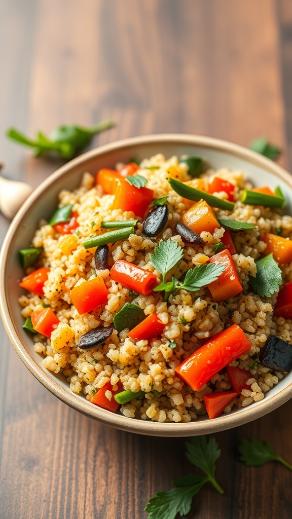 A colorful bowl of vegetable quinoa stir-fry with bell peppers and green onions.