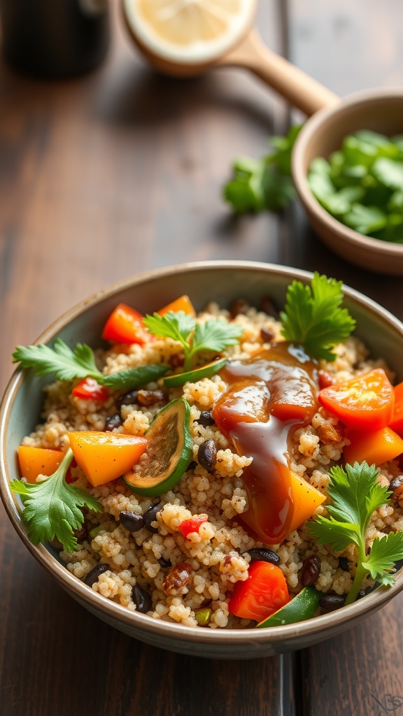 A bowl of vegetable quinoa stir-fry with colorful vegetables and sauce on top