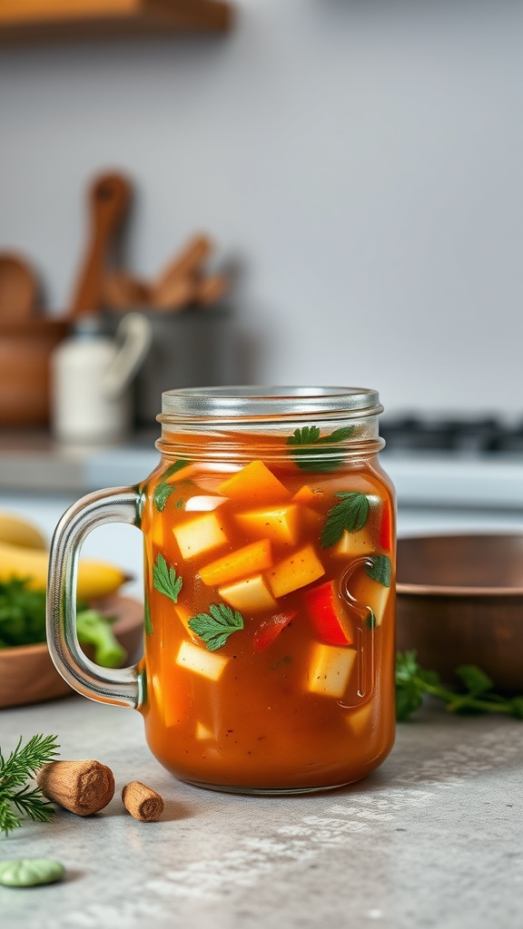 A mason jar filled with colorful vegetable soup, placed on a wooden table with fresh ingredients in the background.