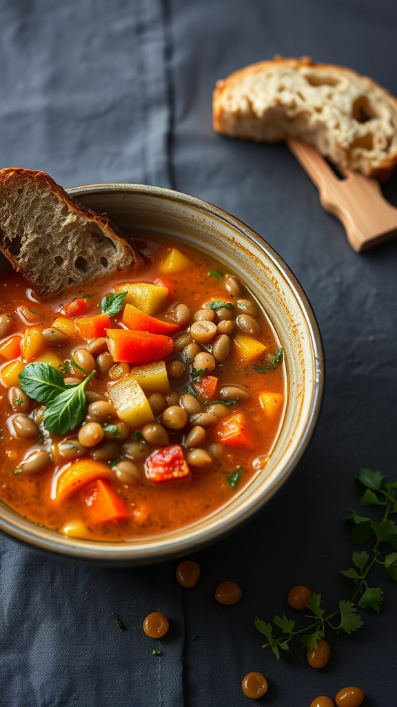 A bowl of vegetable soup with lentils, garnished with parsley, and a piece of bread on the side.