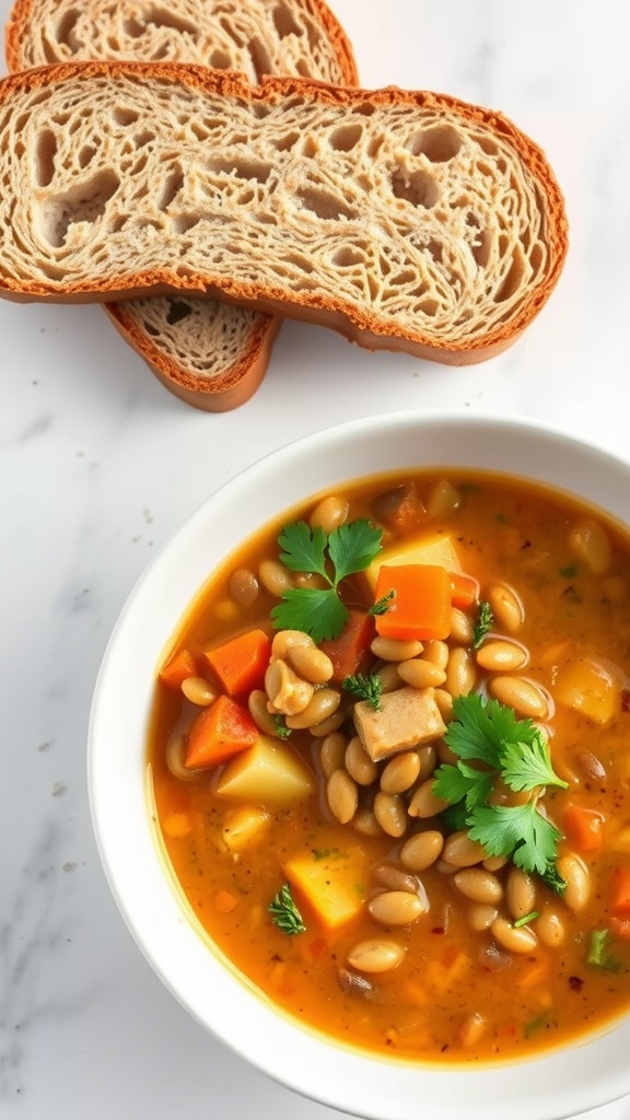 A bowl of vegetable soup with lentils, garnished with herbs, and slices of bread on the side.
