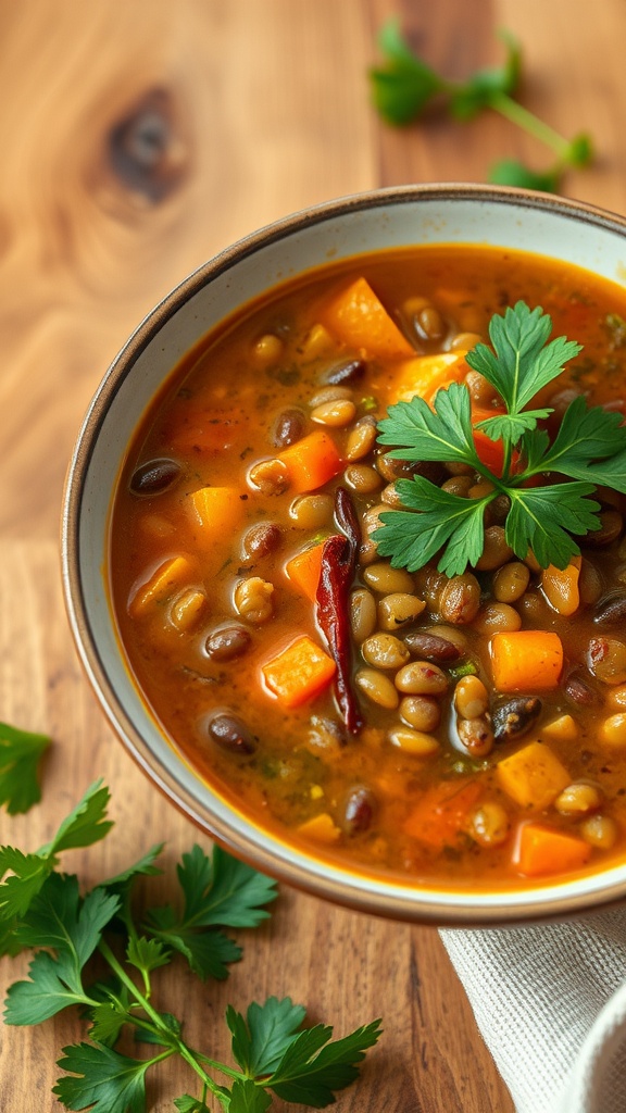 A warm bowl of vegetable soup with lentils, garnished with parsley.