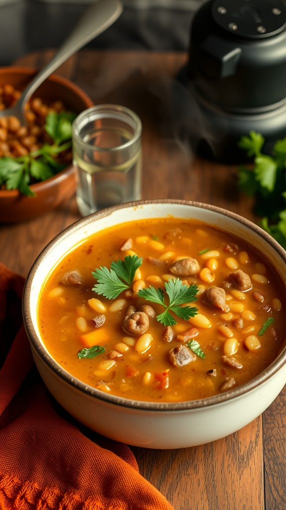 A bowl of vegetable soup with lentils, garnished with cilantro, on a wooden table.