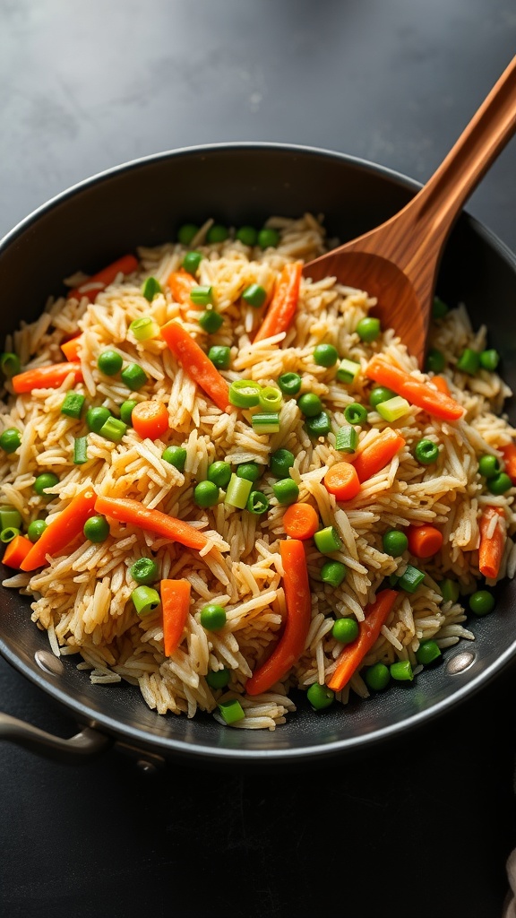 A colorful vegetable stir-fried rice dish with carrots, peas, and green onions in a skillet.