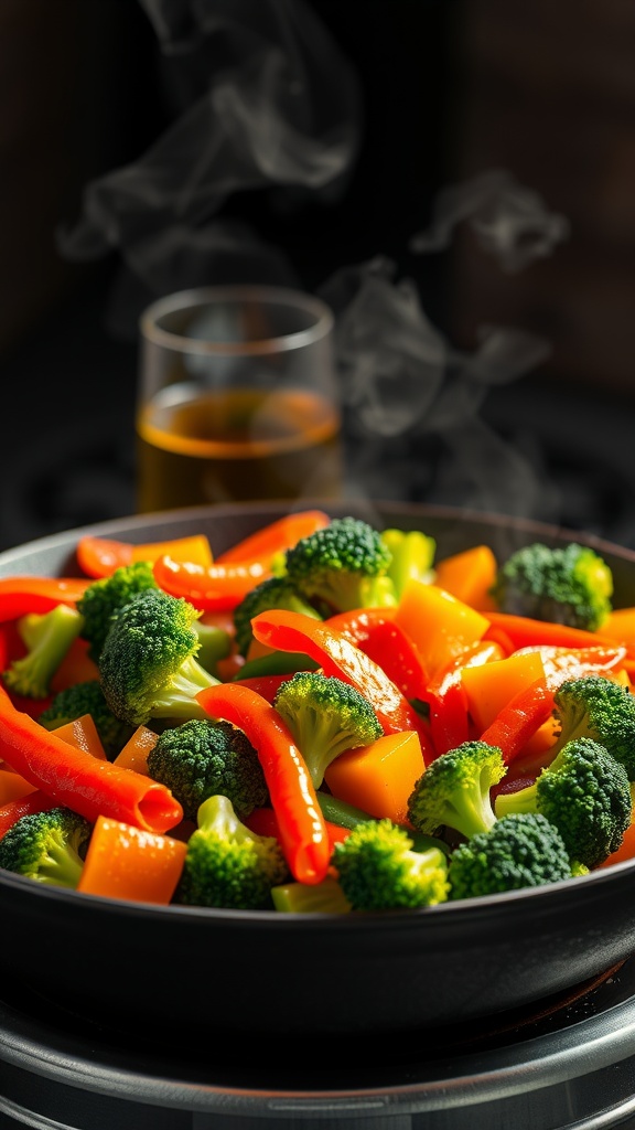 A colorful vegetable stir-fry featuring broccoli, bell peppers, and carrots sizzling in a pan.