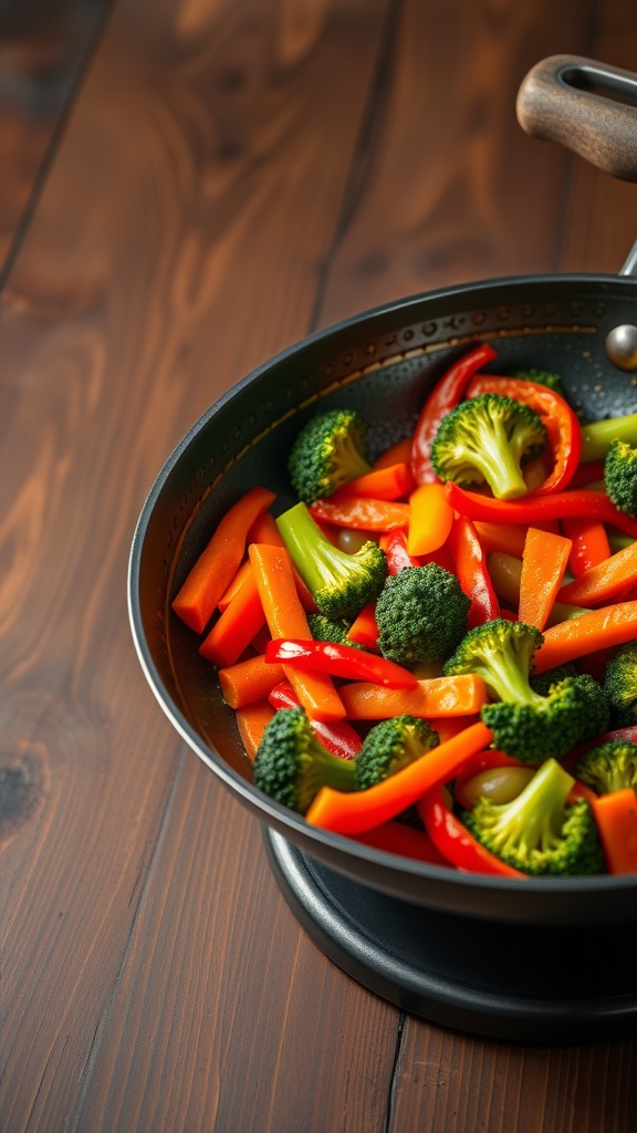 A colorful vegetable stir-fry with broccoli, bell peppers, and carrots in a frying pan.