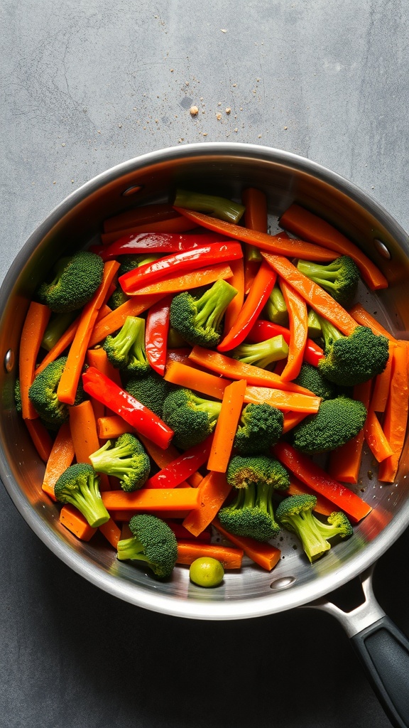 A colorful vegetable stir-fry with broccoli, bell peppers, and carrots in a skillet.