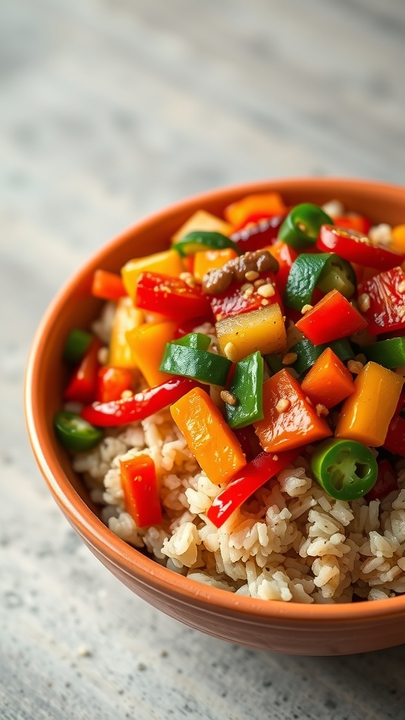 A bowl of vegetable stir-fry with brown rice, featuring colorful vegetables like broccoli, bell peppers, and zucchini.