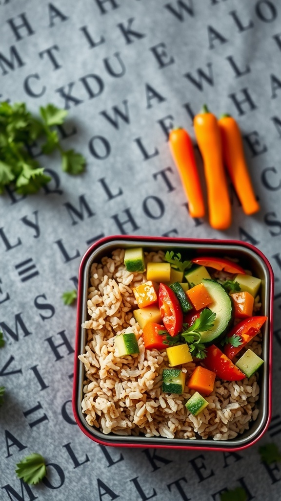 A colorful vegetable stir-fry with brown rice, featuring chopped bell peppers, zucchini, carrots, and broccoli.