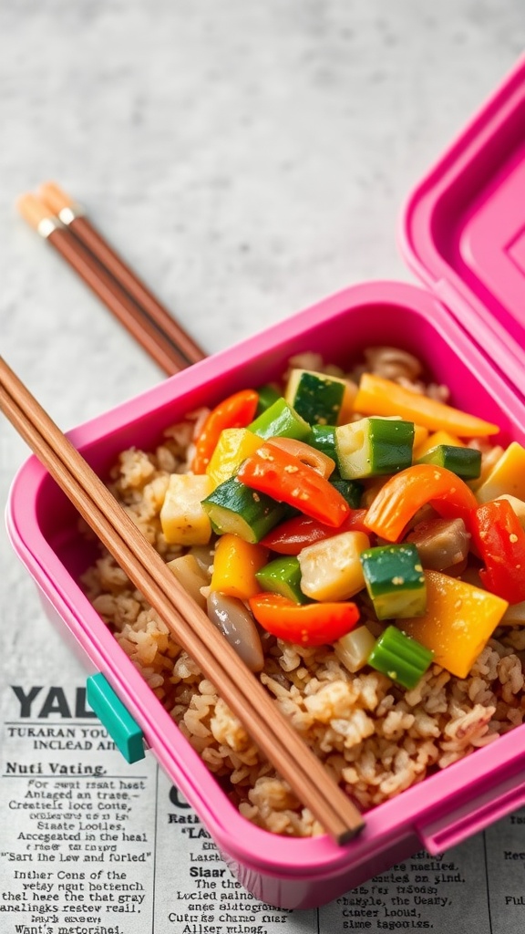 A colorful vegetable stir-fry with brown rice in a lunchbox