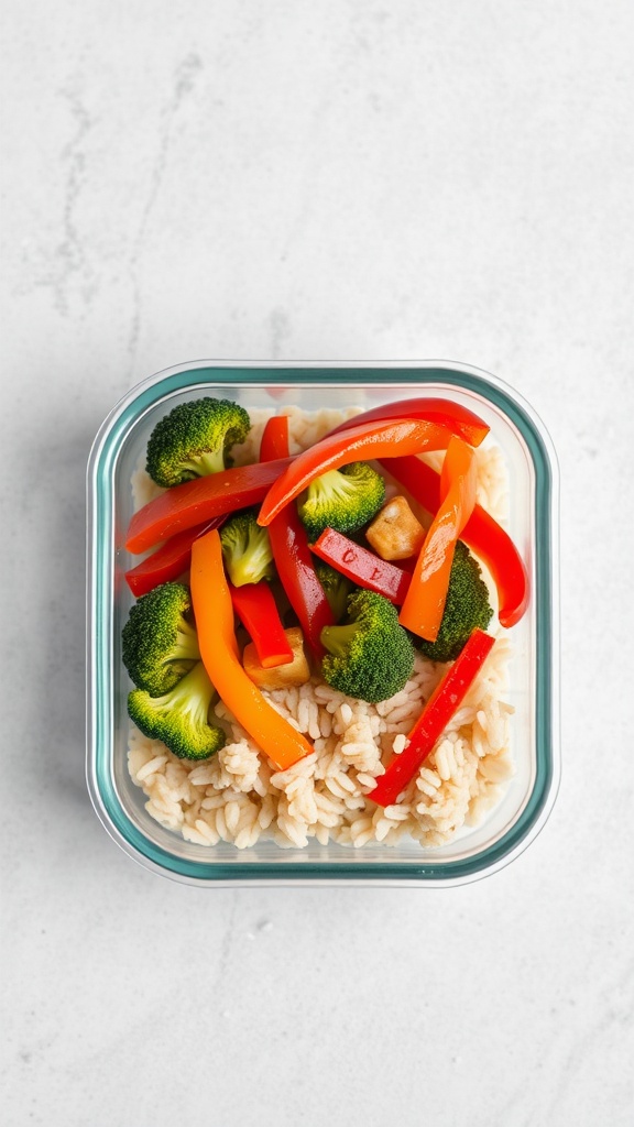 A bowl of vegetable stir-fry with brown rice featuring colorful bell peppers and broccoli.